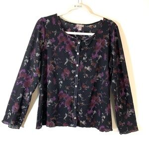 J.Jill Floral Mesh Velvet Trim Button Front Top